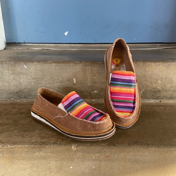 Lamo Shoes - Lamo Women's Brown Slip-On Loafers with Multicolor Striped Upper